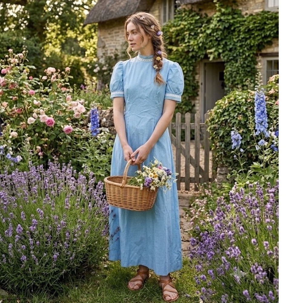 Vintage Cottagecore Blue Polka Dot Maxi Dress Lace Trim Puff Sleeve Prairie s/m